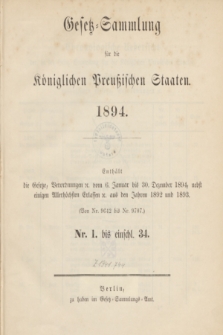 Gesetz-Sammlung für die Königlichen Preußischen Staaten. 1894, Spis treści