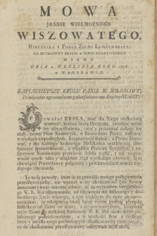 Mowa Jasnie Wielmoznego Wiszowatego, Miecznika y Posła Ziemi Łomżynskiey; Na Seymowey Sessyi w Izbie Senatorskiey Miana Dnia 2 Wrzesnia. Roku 1776. w Warszawie