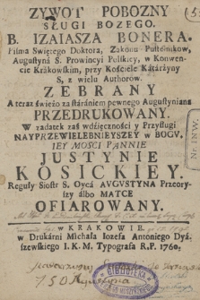 Zywot Pobozny Sługi Bozego B. Izaiasza Bonera Pisma Swiętego Doktora [...]