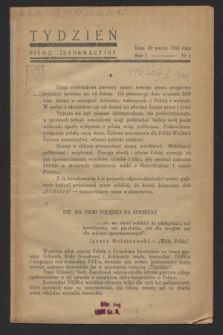 Tydzień : pismo informacyjne. R.1, nr 1 (30 marca 1943)