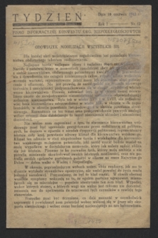 Tydzień : pismo informacyjne Konwentu Org. Niepodległościowych. R.1, nr 12 (10 czerwca 1943)