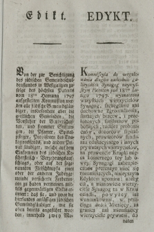 Edikt : [Inc.:] Von der zur Berichtigung des jüdischen Gemeindeschuldenstandes in Westgalizien [...] Kommission werden alle jüdische Gemeindgläubiger [...] mittels gegenwärtigen Edikts erinnert [...]. [Dat.:] Krakau den 9ten November 1798