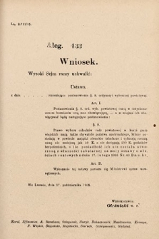 [Kadencja VIII, sesja II, al. 433] Alegata do Sprawozdań Stenograficznych z Drugiej Sesyi Ósmego Peryodu Sejmu Krajowego Królestwa Galicyi i Lodomeryi z Wielkiem Księstwem Krakowskiem z roku 1905. Alegat 433