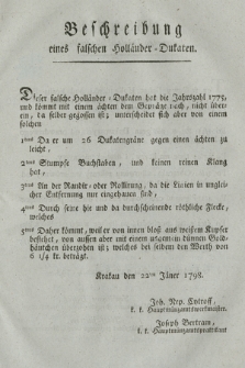 Beschreibung eines falschen holländer Dukaten. [Dat.:] Krakau den 22ten Jäner 1798