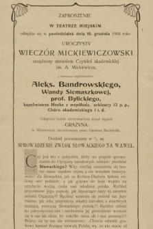 W Teatrze Miejskim odbędzie się w poniedziałek dnia 19. grudnia 1904 roku uroczysty wieczór Mickiewiczowski