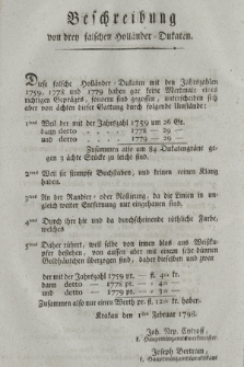 Beschreibung von drey falschen holländer Dukaten. [Dat.:] Krakau den 1ten Februar 1798