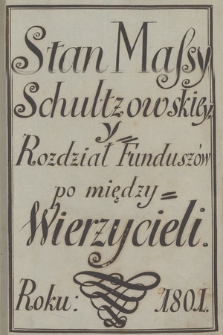 „Stan massy schultzowskiey y rozdział funduszów pomiędzy wierzycieli roku 1801” Akta komisji dla likwidacji upadłych sześciu banków warszawskich