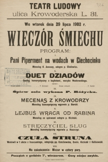 We wtorek dnia 29 lipca 1902 r. wieczór śmiechu : Pani Piperment na wodach w Ciechocinku