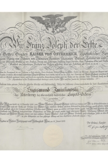 Dokument cesarza austriackiego Franciszka Józefa I dotyczący nadania krzyża rycerskiego cesarskiego Orderu Leopolda Zygmuntowi Żminkowskiemu
