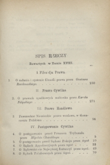 Przegląd Sądowy : pismo popularno-naukowe poświęcone teoryi i praktyce prawa. T.18, Spis rzeczy (1873)