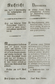 Nachricht von der k. k. bevollmächtigten westgalizischen Hofkommission : Daß das bisherige kleine Gränzzollamt Prszewus nurski zu einem Haupteinbruchsamt erhohen worden ist. [Dat.:] Krakau am 10ten April 1798