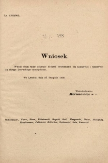 [Kadencja VIII, sesja II, al. 588] Alegata do Sprawozdań Stenograficznych z Drugiej Sesyi Ósmego Peryodu Sejmu Krajowego Królestwa Galicyi i Lodomeryi z Wielkiem Księstwem Krakowskiem z roku 1905. Alegat 588