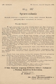 [Kadencja VIII, sesja II, al. 597] Alegata do Sprawozdań Stenograficznych z Drugiej Sesyi Ósmego Peryodu Sejmu Krajowego Królestwa Galicyi i Lodomeryi z Wielkiem Księstwem Krakowskiem z roku 1905. Alegat 597