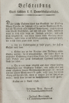 Beschreibung eines falschen k. k. Doppeltdukatenstückes. [Dat.:] Krakau am 7. April 1798