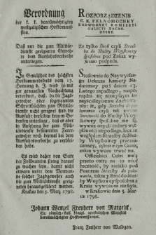 Verordnung der k. k. bevollmächtigten westgalizischen Hofkommission : Daß nur die zum Militärdienste geeigneten Gewehre dem Ausfuhrsverbothe unterliegen. [Dat.:] Krakau den 5. Merz 1798