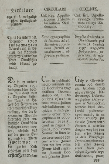 Cirkulare des k. k. westgalizischen Appellationsgerichts : Ein in der unterm 28. Dezember 1797 kundgemachten Verordnung in Betreff des Advitalitätsrechts unterlaufener Druckfehler wird bekannt gemacht [...] Gegeben Krakau [a]m 4. May 1798 = Circulare Cæs. Reg. Appellationum Tribunalis Galiciæ Occidentalis : Error typographicus in intimato dd. 28. Decembris 1797 intuitu Jurium advitaitiorum, observatus publicatur [...] Datum Cracoviæ die 4. Maji 1797 [i. e. 1798]