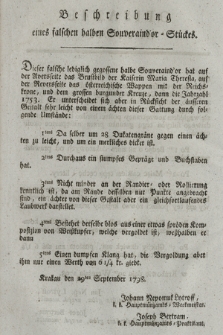 Beschreibung eines falschen halben Souveraind'or=Stückes. [Dat.:] Krakau den 29ten September 1798