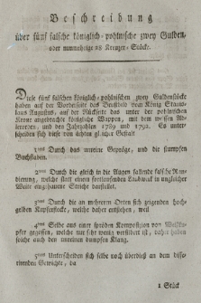 Beschreibung über fünf falsche königlich= pohlinische zwey Gulden oder nummehrige 28 Kreuzer=Stücke. [Dat.:] Krakau den 29ten September 1798