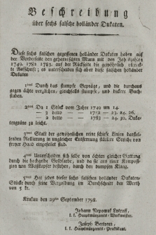 Beschreibung über sechs falsche holländer Dukaten. [Dat.:] Krakau den 29ten September 1798