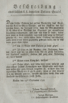 Beschreibung eines falschen k. k. doppelten Dukaten=Stücke. [Dat.:] Krakau den 29ten September 1798
