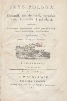 Jzys Polska czyli Dziennik umieiętności, wynalazków, kunsztów i rękodzieł, poświęcony kraiowemu przemysłowi, tudzież potrzebie wieyskiego i mieyskiego gospodarstwa. R.2, T.4, Spis rzeczy w Tomie czwartym Izys zawartych (1821)