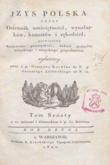 Jzys Polska czyli Dziennik umieiętności, wynalazków, kunsztów i rękodzieł, poświęcony Krajowemu przemysłowi, tudzież potrzebie wieyskiego i mieyskiego gospodarstwa. R.2, T.6, Spis rzeczy w Tomie VI (1822)