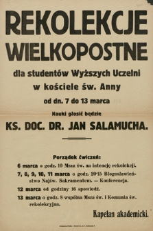 Rekolekcje Wielkopolskie dla studentów Wyższych Uczelni w kościele św. Anny od dn. 7 do 13 marca 1938