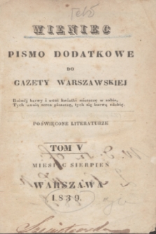 Wieniec : pismo dodatkowe do Gazety Warszawskiej poświęcone literaturze. 1939, T. 5 (sierpień) + spis rzeczy