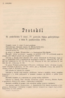 [Kadencja IV, sesja V, pos. 21] Protokoły z 5. Sesyi IV. Peryodu Sejmu Krajowego Królestwa Galicyi i Lodomeryi wraz z Wielkiem Księstwem Krakowskiem z roku 1882. Protokół 21