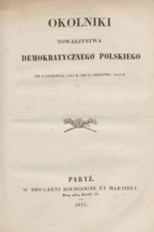 Okólniki Towarzystwa Demokratycznego Polskiego. 1841/1842, Spis rzeczy zawartych w Okólnikach Towarzystwa Demokratycznego Polskiego. Od 3 czerwca 1841 r., do 24 sierpnia 1842 r.