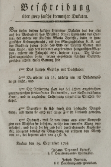 Beschreibung über zwey falsche kremnitzer Dukaten. [Dat.:] Krakau den 29ten September 1798