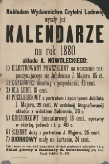 Nakładem Wydawnictwa Czytelni Ludowej wyszły już Kalendarze na rok 1880 układu A. Nowoleckiego