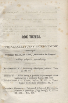 Czas Dodatek Miesięczny. R.3, T.9-12, "Rok trzeci : spis alfabetyczny przedmiotów zawartych w Tomie IX, X, XI, XII "Dodatku do Czasu" (1858)