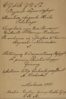 „Diariusz przyjazdu najjaśniejszego Stanisława Augusta króla polskiego [...] do miasta stołecznego Krakowa [...]. W Krakowie 1787”