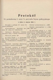 [Kadencja X, sesja I, pos. 14] Protokoły z I. sesji X. peryodu Sejmu krajowego Królestwa Galicyi i Lodomeryi wraz z Wielkiem Księstwem Krakowskiem w latach 1913 i 1914. Posiedzenie 14