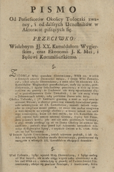 Pismo Od Possessorów Okolicy Tołoczki zwaney, i od dalszych Uczestników w Aktoracie piszących się. Przeciwko: Wielebnym JJ. XX. Kamaldulom Wygierskim, oraz Ekonomii J. K. Mci, i Sądowi Kommissarskiemu