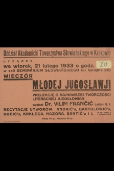 Wieczór młodej Jugosławji : Prelekcję o najnowszej twórczości literackiej Jugosłowian wygłosi dr. Vilim Frančić