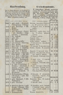 Uwiadomienie : W kancelaryi urzędu zastawniczego Pii Montis kościoła orm. katedral. Lwowskiego będą dnia 23go stycznia 1860, z rana od 9. do 2. godziny z południa przez publiczną licytacyę sprzedawane klejnoty, srebra, i fanty