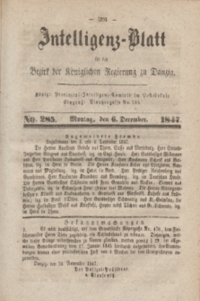 Intelligenz-Blatt für den Bezirk der Königlichen Regierung zu Danzig. 1847, No. 285 (6 December) + dod.