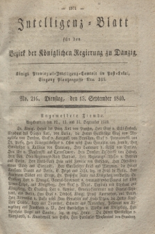 Intelligenz-Blatt für den Bezirk der Königlichen Regierung zu Danzig. 1840, No. 216 (15 September)