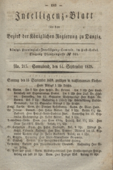 Intelligenz-Blatt für den Bezirk der Königlichen Regierung zu Danzig. 1839, No. 215 (14 September) + dod.