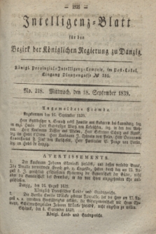 Intelligenz-Blatt für den Bezirk der Königlichen Regierung zu Danzig. 1839, No. 218 (18 September) + dod.