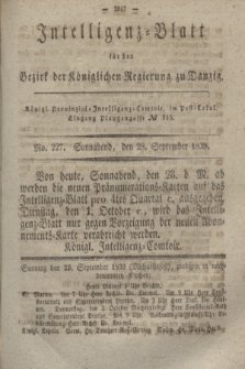 Intelligenz-Blatt für den Bezirk der Königlichen Regierung zu Danzig. 1839, No. 227 (28 September) + dod.