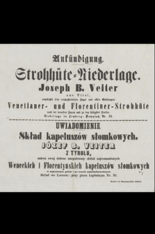 Skład kapeluszów słomkowych Józef B. Veiter z Tyrolu