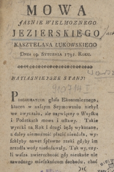 Mowa Jasnie Wielmoznego Jezierskiego Kasztelana Łukowskiego Dnia 19. Stycznia 1791. Roku