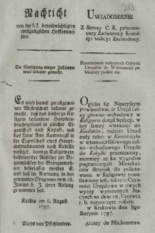 Nachricht von der k. k. bevollmächtigten westgalizischen Hofkommission : Die Wersetzung einiger Zollämter wird bekannt gemacht. [Dat.:] Krakau am 8. August 1797