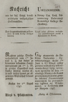 Nachricht von der kais. königl. bevollmächtigten westgalizischen Hofkommission : Das Haupteinbruchsamt zu Krzemien ist nach Kusky versetzet worden. [Dat.:] Krakauden 2ten August 1797