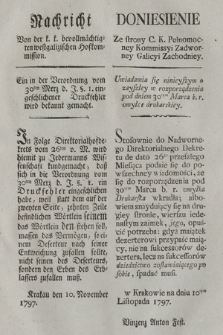 Nachricht Von der k. k. bevollmächtigten westgalizischen Hofkommission : Ein in der Verordnung vom 30ten Merz d. J. § 1. eingeschlichener Druckfehler wird bekannt gemacht. [Dat.:] Krakau den 10. November 1797