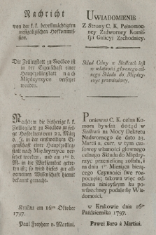 Nachricht von der k. k. bevollmächtigten westgalizischen Hofkommission : Die Zollegstatt zu Siedlce ist in der Eigenschaft einer Hauptzollegstatt nach Międzyrzyce versetzt worden. [Dat.:] Krakau am 16ten Oktober 1797