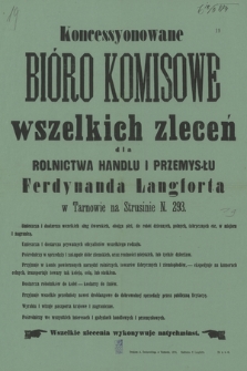 Koncessyonowane bióro komisowe wszelkich zleceń dla rolnictwa handlu i przemysłu Ferdynanda Langforta w Tarnowie na Strusinie N. 293